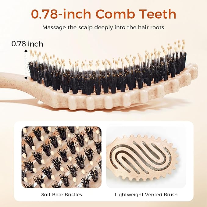 Curly Hair Brush, Curl Defining Brush with Soft Boar Bristles for Combing, Shaping, and Styling Curly Hair Suitable for All Women and Men with Wet & Dry Hair(Wheat)
