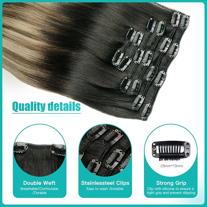 SURNEL Clip in Extensions Human Hair Natural Black to Chocolate Brown and Caramel Blonde Clip in Hair Extensions 18inch 6pcs 120g(#1B/4/27,18'')