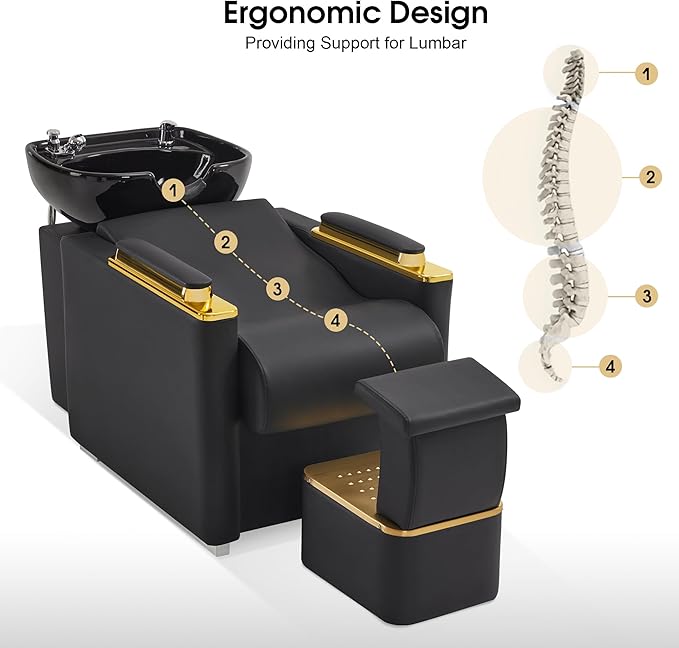 BarberPub Backwash Shampoo Station Chair with Porcelain Ceramic Hair Wash Bowl, Vacuum Breaker, Professional Black&Gold Shampoo Chair and Bowl Unit for Salon and Spa 8613 (Black)