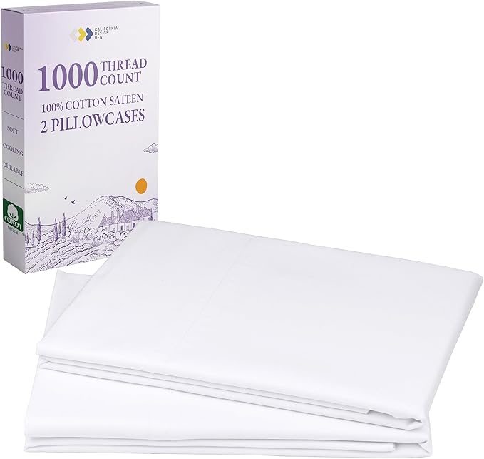 California Design Den King Size Pillow Cases Set of 2-1000 Thread Count Sateen, Soft and Thick 100% Cotton King Pillowcase Pair, Durable - White