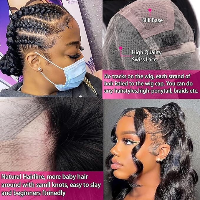 Straight Full Lace Wigs Human Hair 100% Hand-tied Full Lace Human Hair Wigs Full Scalp Lace Wigs Part Anywhere 180% Density(18inch, Natural Black)