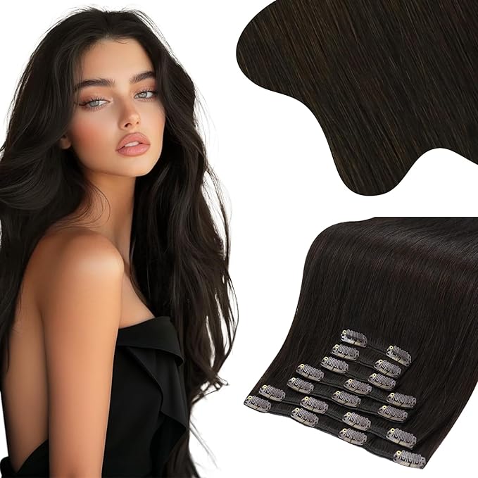 Moresoo Brown Hair Extensions Clip in Human Hair Full Head Remy Clip in Extensions Brown Doube Weft Hair Extensions Real Human Hair Clip ins Dark Brown #2 7pcs/150g 24inch