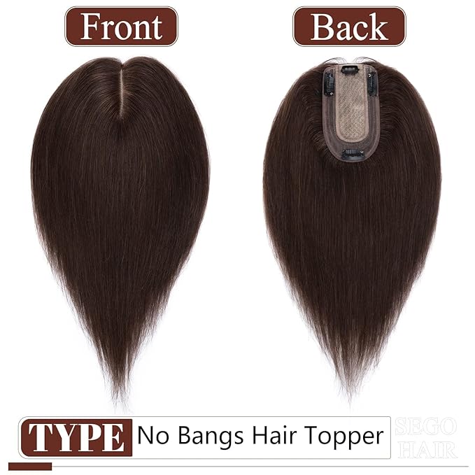 SEGO Real Human Hair Topper for Women without Bangs, Hair Topper with 4 Anti-Slip Clips (10 Inch#2 Dark Brown)
