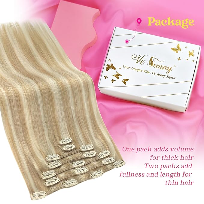 Ve Sunny Hair Extensions Clip ins Double Weft Real Hair Extensions Clip in Human Hair Highlight Blonde Clip in Hair Extensions for Women 20inch 120g