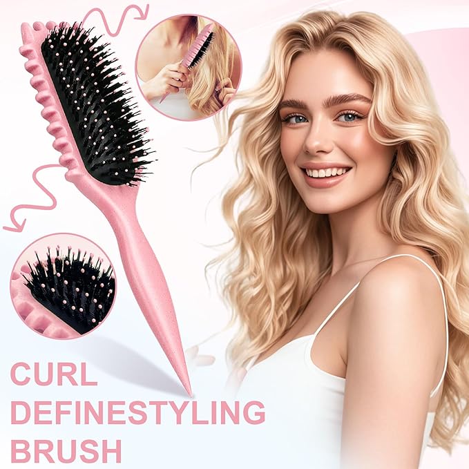 Curly Hair Brush,Curl Defining Brush Boar Bristle Hair Brush for Combing and Shaping,Reduce Pulling and Curl Separation For Defined Curls(pink)