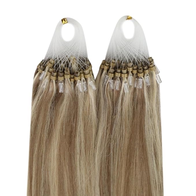 YoungSee Microlink Hair Extensions Brown Micro Bead Hair Extensions Real Human Hair Highlight Brown with Blonde Micro Ring Hair Extension Human Hair 20In Invisible Beaded Hair Extension 50s 50g