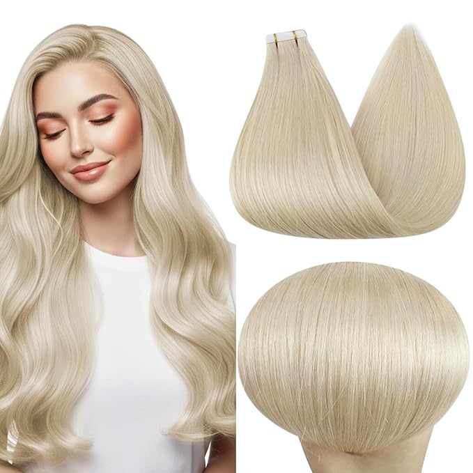 Full Shine Blonde Tape in Hair Extensions Human Hair 18 Inch 20 Pcs Color 60 Seamless Tape in Extensions Straight Silky 50 Gram Skin Weft Add Volume for Wedding Soft Remy