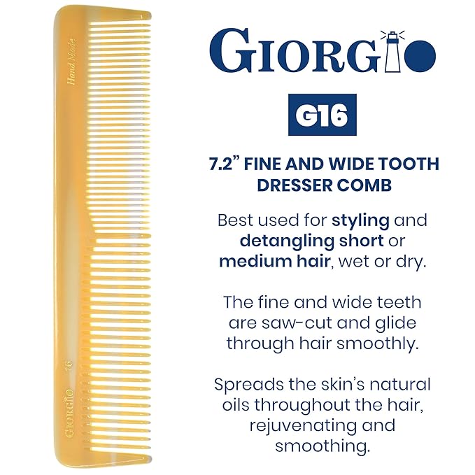 Giorgio GIVY16 Fine and Wide Tooth Handmade Hair Comb - Detangler and Styling for Men and Women - Saw Cut Barber Comb