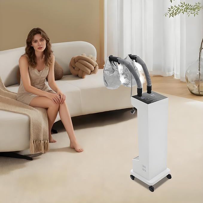 Hair Steamer, 650W Vertical Hair Care Machine with LED Display & 2 Vaporizing Caps Micro Mist Hair Color Processor, 5 Modes, Adjustable Temperature & Timer, Mobile on Wheels (White)