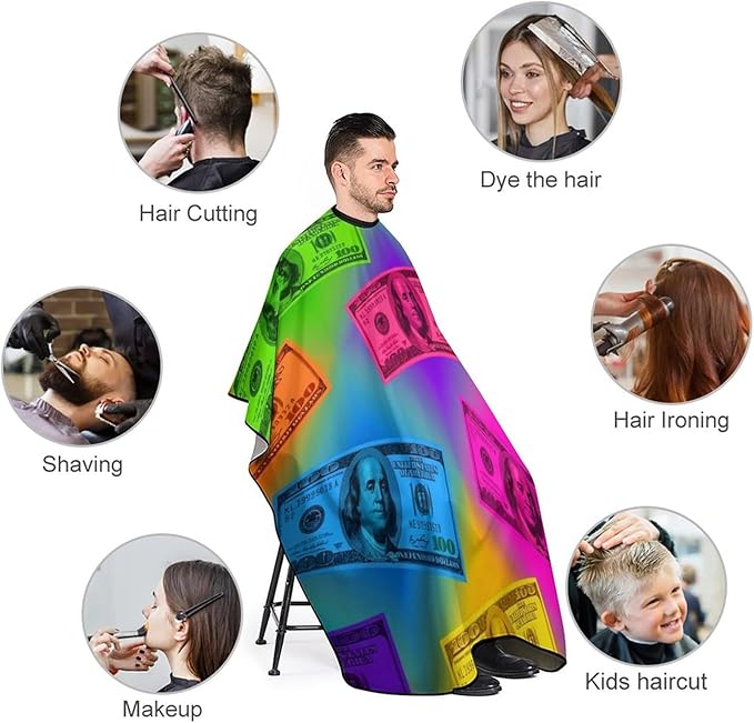 Men Women Adults Colorful Bill Dollars American Money Art Hair Cutting Cape, Lightweight Haircut Apron for Styling Hair Cut Hairdresser, Haircut Tools