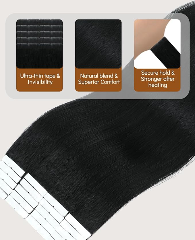 VINBAO Invisi Edge Tape in Extensions Human Hair, Jet Black 40g 20pcs, Injected Tape in Extensions Virgin Human Hair Seamless Injected Tape Hand-Tied Pro Invisible 14inch #1