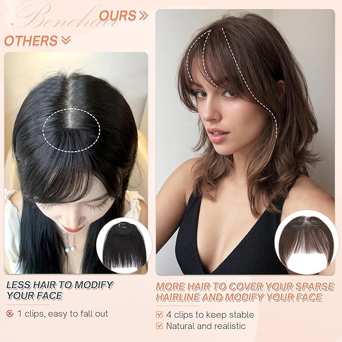 Benehair Clip on Bangs for Women Human Hair, Fake Bangs Human hair, French Bangs Clip in Hair Extensions Hair Pieces with Temples for Daily Wear (Dark Brown)