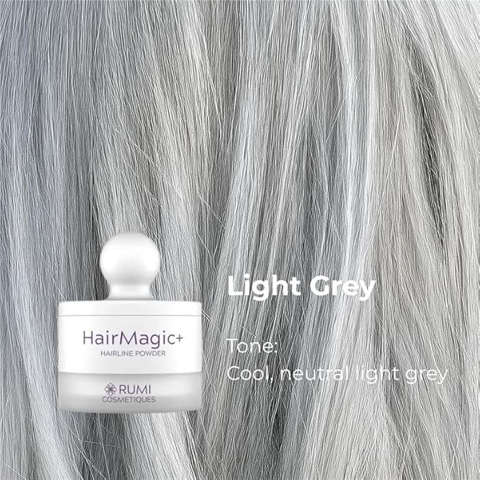 Rumi Cosmetiques HairMagic+ Root Touch Up Powder – Instant Gray Hair Coverage & Hairline Filler – Water-Resistant, Natural Finish, Nourishing Formula with Argan Oil & Vitamin E (Light Grey)