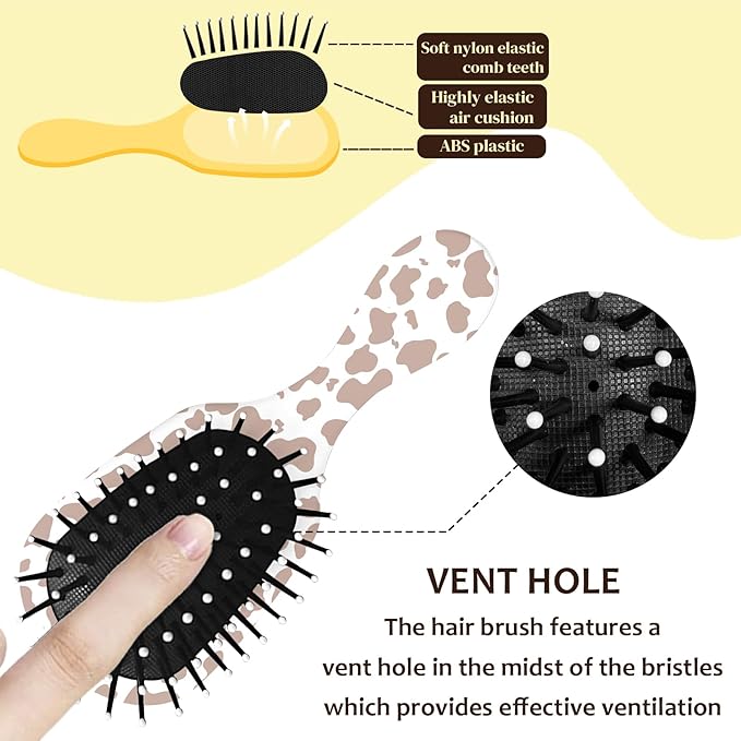 Mini Hair Brush,Cute Detangling Travel Hair Brush,Soft Bristles for Effortless Tangle Removal,Detangler Hairbrush for Women Men Boys Girls Kids Wet Dry All Hair Types (Brown Cow, Mini)