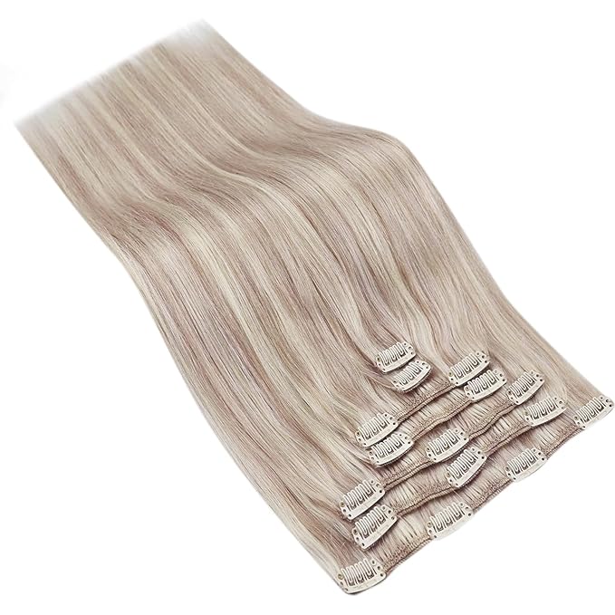 Ve Sunny Clip in Hair Extensions Real Human Hair Ash Blonde Highlight Bleach Blonde Human Remy Hair Extensions Clip ins Short Hair Thick 12inch 80g 5pcs