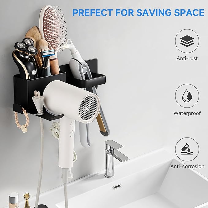 Hair Dryer Holder,Stainless Steel Wall Mounted Blow Dryer,Curling Iron,Straightener Holder Bathroom Metal Hair Tool Organizer Rack- Black