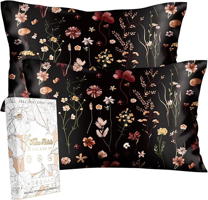 2 Pack Mulberry Silk Pillowcase for Hair and Skin - King Size 20 x 36 Inches with Hidden Zipper BK Grow Flower 19 Momme Soft Sleeping Silk Pillow Case for Women, Moms