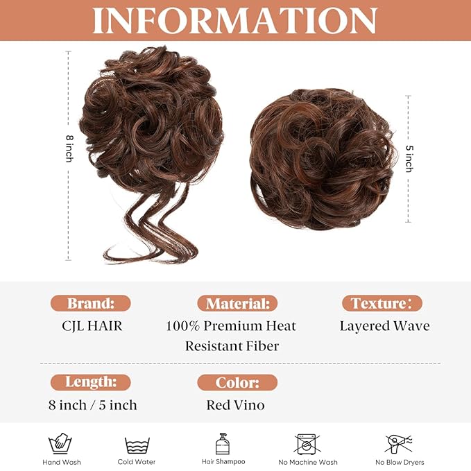 CJL HAIR 2PCS Messy Bun Hair Pieces Wavy Curly Synthetic Updo Chignon Fake Scrunchies Ponytail Extension for Women Red Vino