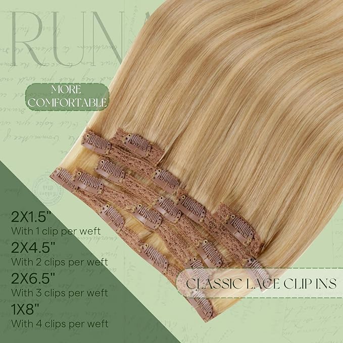RUNATURE Blonde Clip in Hair Extensions Real Human Hair, Short Hair Extensions Clip Ins, Remy Human Hair Clip in Extensions, Natural Looking, 10 Inch 80g 7pcs #16P24 Golden Blonde Highlight