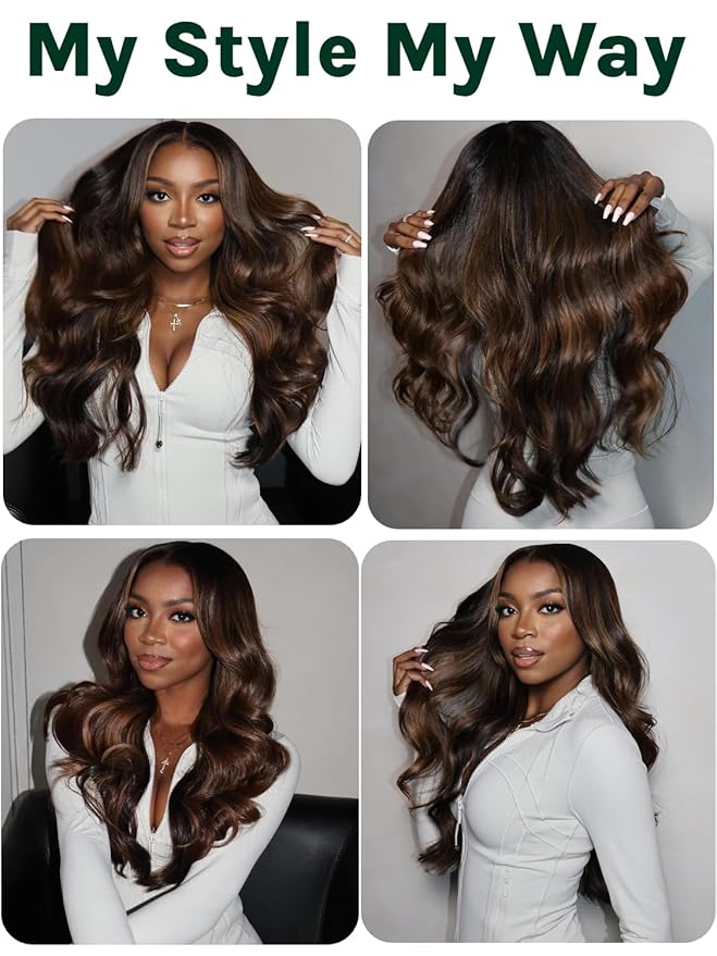 KLAIYI Ombre Brown V Part Wig Body Wave Human Hair Upgrade U Part Wig with Dark Roots Glueless Chestnut Brown Clip in Half Wig No Glue No Leave Out Beginner Wigs for Women Wear and Go Wig 150% 18Inch