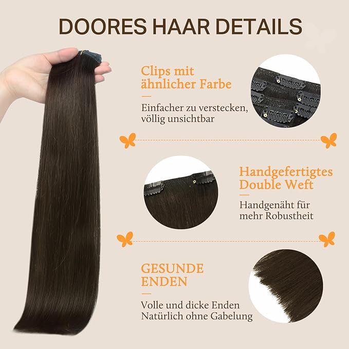 DOORES Human Hair Extensions Clip in Dark Brown 120g 7pcs 22 Inch Clip in Human Hair Extensions Real Natural Hair Straight