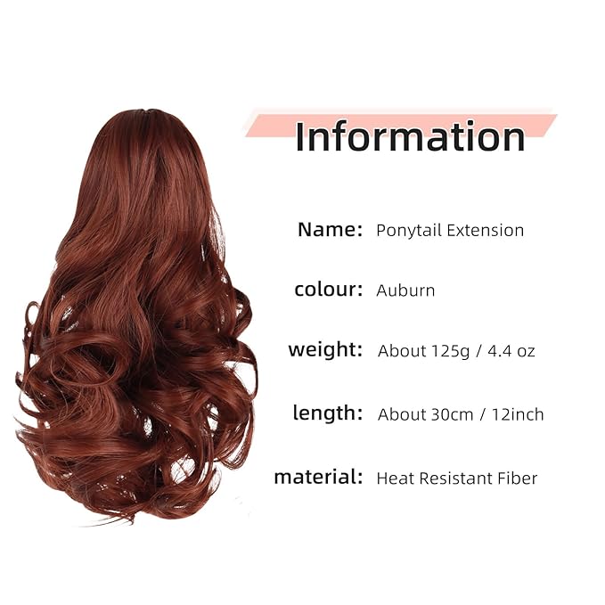 Ponytail Extension, Clip on Ponytails for Women, 12" Claw Clip in Short Curly Wavy Pony Hair Extension for Women - Auburn