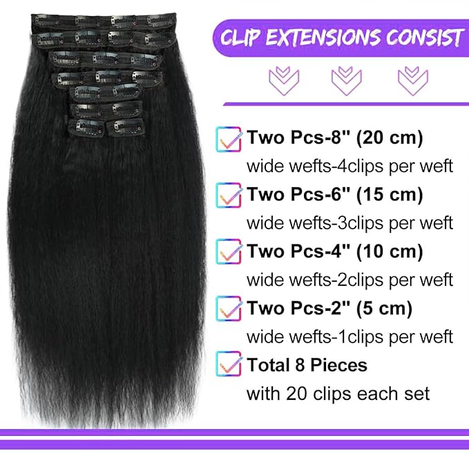 Kinky Straight Clip in Hair Extensions 24 Inch Human Hair Yaki Straight Clip ins Seamless Remy Human Hair Clip in Extensions for Women Natural Black 8Pcs 100g 20 Clips