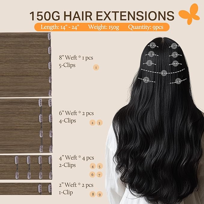 DOORES Human Hair Clip in Extensions, Light Ash Brown 150g 9pcs 22 Inch, Real Human Hair Extensions Clip in Remy Hair Extensions Human Hair Natural Thick Human Hair Extensions Clip ins Silky Straight