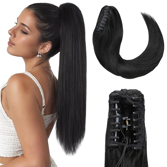 Hairro Claw Clip Ponytail Extension Human Hair Clip In Ponytail Jaw/Claw Jaw On Pony Tail Hairpieces For Women 16 Inch 105g #01 Dark Black