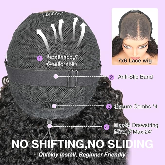 7x6 Burmese Curly Glueless Wigs Human Hair Pre Plucked Pre Cut 250% Density Drawstring Wig Human Hair 7x6 HD Lace Front Wigs Human Hair for Black Women Wear and Go Glueless Wig Natural Color 22inch