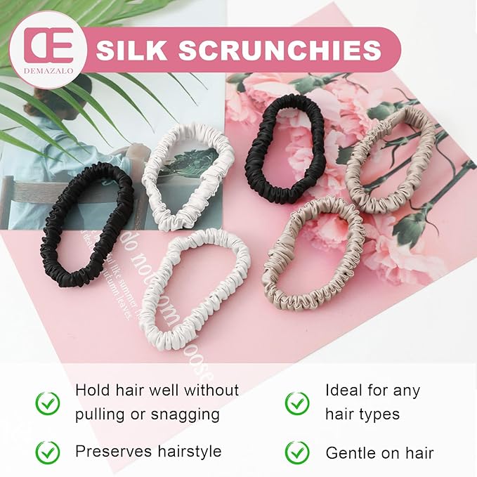 6Pcs Silk Hair Ties Small 22 Momme 100% Pure Mulberry Silk Scrunchies for Women Girls Thin Skinny Hair Sleep Scrunchies No Damage(Color 07)
