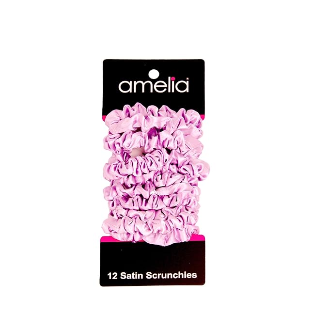 Amelia Beauty, Pink Satin Small Scrunchies, 12-Pack – No Damage Hair Ties for Women, Gentle & Durable Hair Accessories, 2.5in x 0.5in