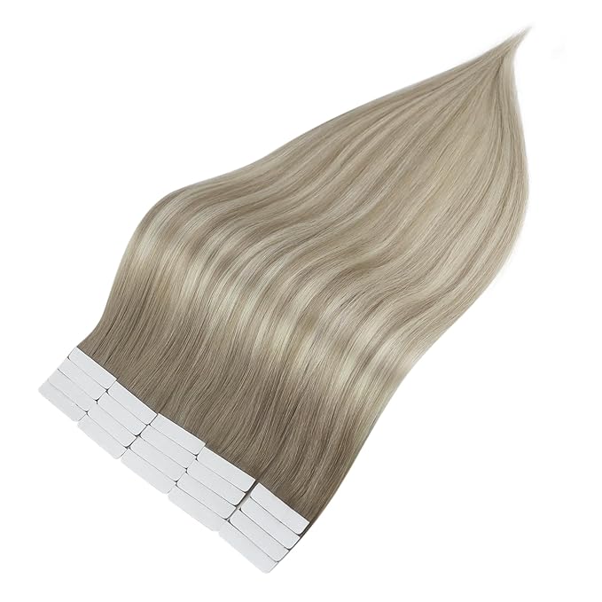 Full Shine Tape in Hair Extensions Human Hair Color 19/8/60 Grey Fading to Ash Brown And Blonde Double Sided Tape in Human Hair Extensions 12 Inch Skin Weft Tape in Extensions 20Pcs 30 Gram