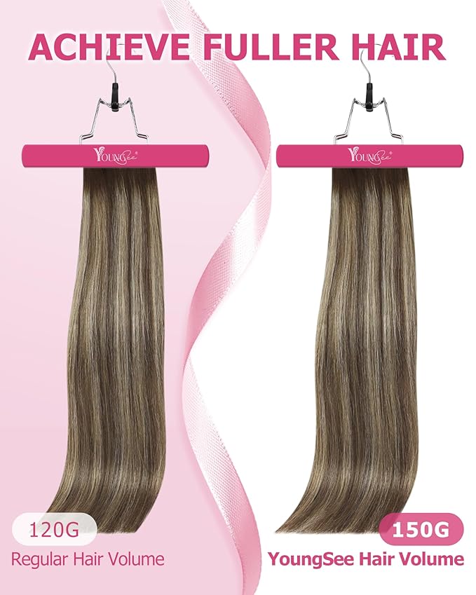 YoungSee Clip in Hair Extensions Real Human Hair Balayage Brown Clip in Real Hair Extensions Chocolate Brown with Ash Blonde Balayage Clip Extension Silky Straight for Women 18In 120G 7Pcs