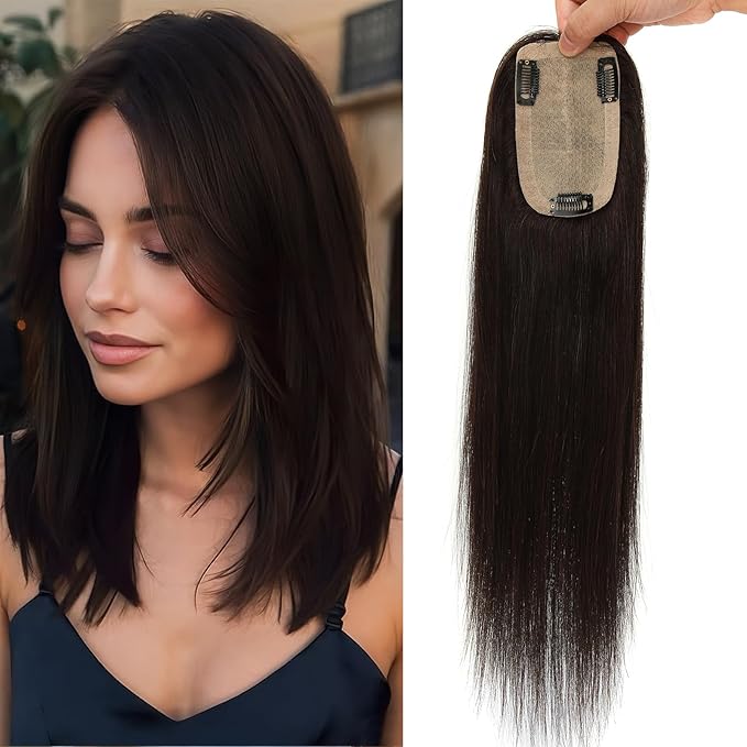 Hair Toppers for Women Real Human Hair, 3x5 Inch Injected Silk Base No Bangs 18 Inch Length 130% Density Hairpieces #1C Natural Black (Subtle Red Undertones in Sunlight)