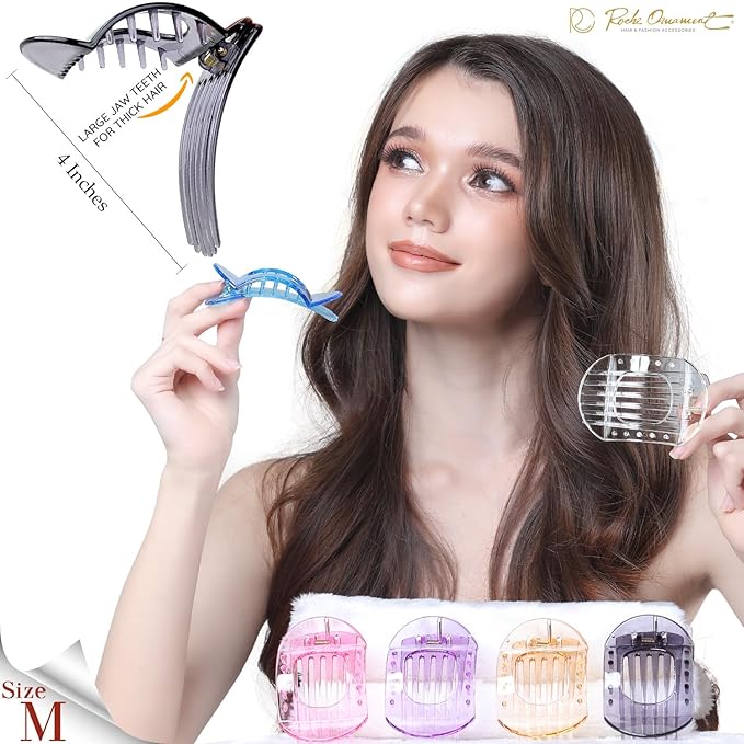 RC ROCHE 6 Pcs Flat Claw Hair Clips for Women Thick Hair French Round Duckbill Square Secure Strong Hold Grip Clamps Barrettes Curved No Slip No Crease Plastic Styling Cute, Medium Transparent