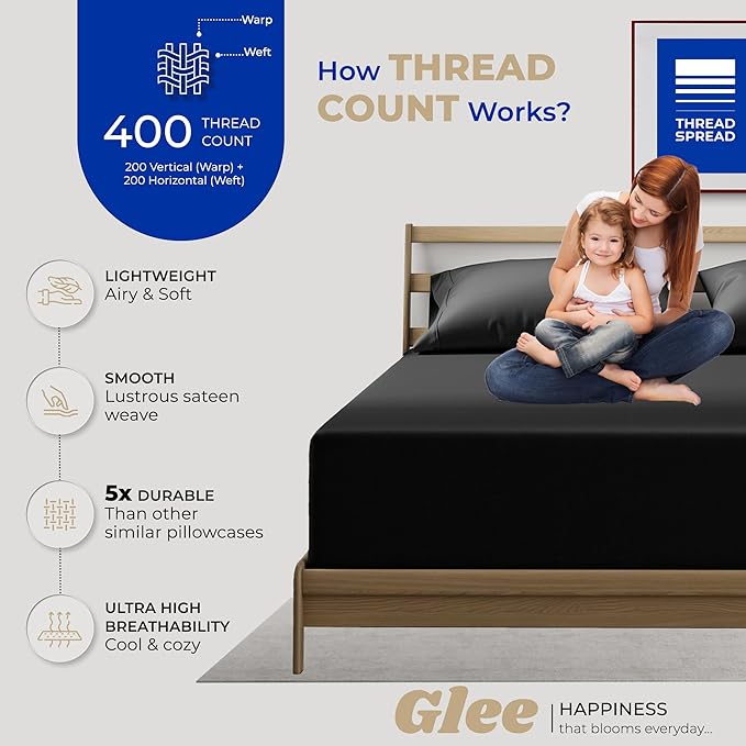 THREAD SPREAD 100% Cotton Pillowcases Standard/Queen Size Set of 2-400 Thread Count Cotton Pillowcases, Ultra Soft Cool Sateen Weave Pillow Cases for Sleeping, Set of 2 Pillow Covers (Black)