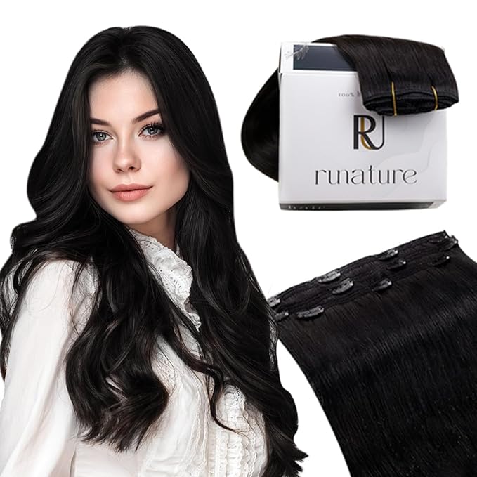 RUNATURE Real Human Hair Clip in Extensions Black, 10 Inch Clip in Hair Extensions, Short Hair Extensions Clip Ins, Remy Natural Hair For Women, Easy To Apply, 50g 3pcs #1B Off Black