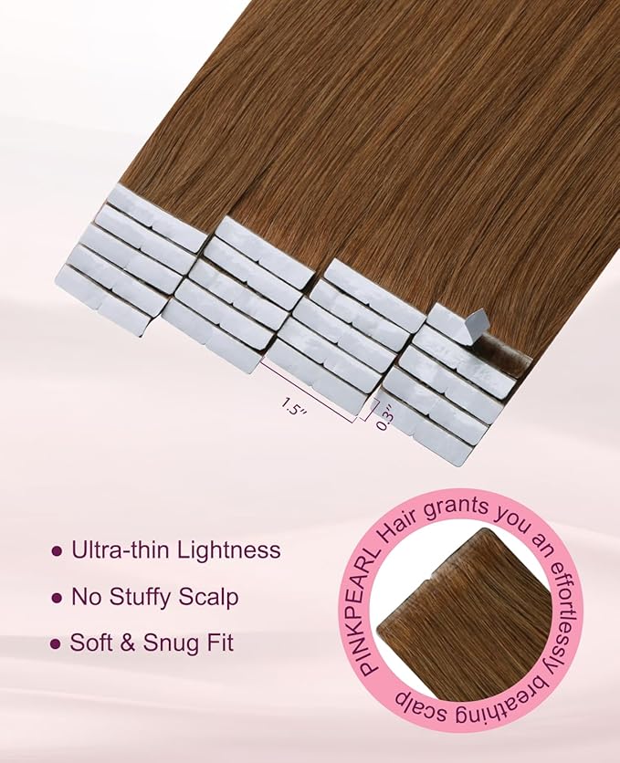 Pinkpearl Invisible Tape in Hair Extensions Human Hair, 20pcs 16inch 45g #33 Auburn Injection Tape in Extensions Real Remy Straight Seamless Silky Human Hair Injected