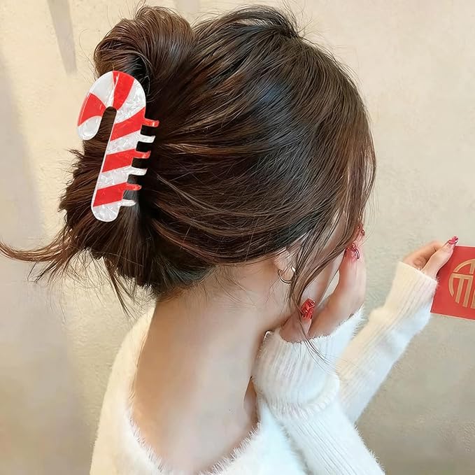 Christmas Candy Cane Hair Clips for Women, Christmas Hair Claw Clips Cute Cane Shape Hair Accessories Red White Xmas Acrylic Claw Clip Funny Strong Grip Jaw Barrettes Xmas New Year Hair Decoration