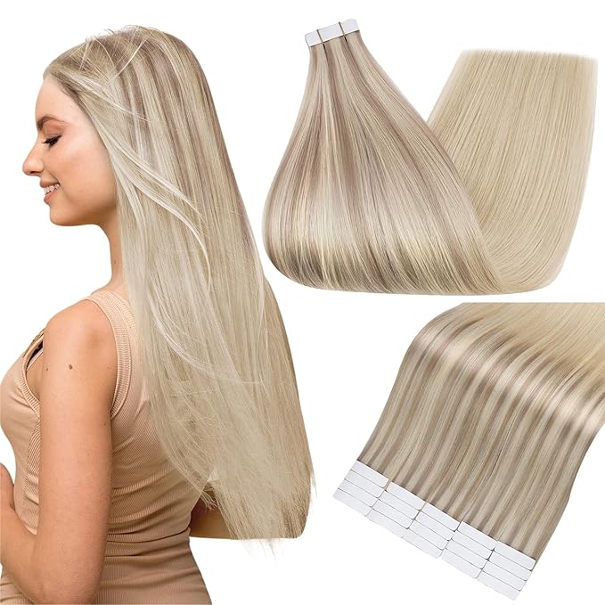 Full Shine Human Hair Tape in Extensions 14 Inch Balayage Nordic Blonde Hair Extensions Color 18 Ash Blonde Fading to 22 and 60 Highlighted Seamless Tape in Hair Extensions 50 Gram Remy Hair 20pcs