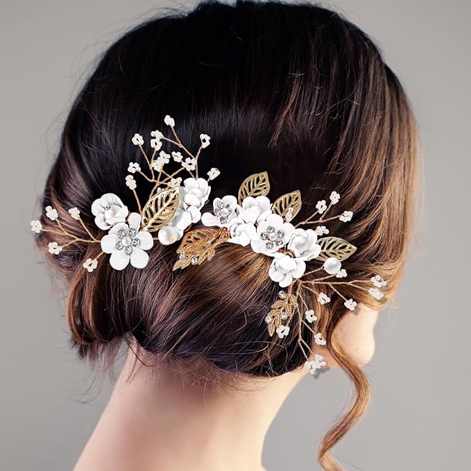 Wedding Flower Hair Accessories for Women: 4pcs Leaf and Flower Hair Combs for Women Accessories - Crystal Pearl Wedding Flower Clips Headpiece for Brides Bridesmaids Girls Updo (White)