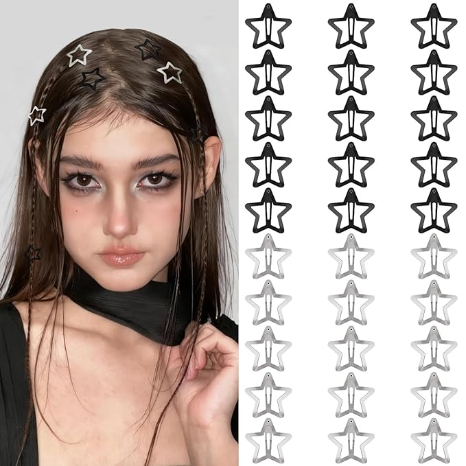 Star Hair Clips 2000s Y2K Black Silver Star Hair Accessories Snap Hair Barrettes Non Slip Metal Hair Clips for Girls Women -30 PCS 1.18"