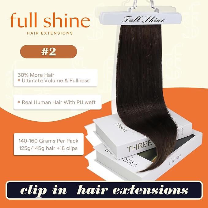 Full Shine Clip in Hair Extensions 18 inch 140g 8Pcs Seamless Hair Extensions Clip in Dark Brown Remy Hair Clip ins for Women PU Skin Weft
