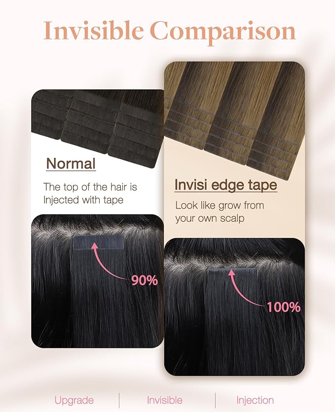 GOO GOO Invisi Edge Tape in Hair Extensions Human Hair, 2C/4E/6C Brown Sugar Swirl Highlights 10pcs injected with 10pcs classical tape ins, 16inch 50g, Virgin Remy Hair, Natural Look