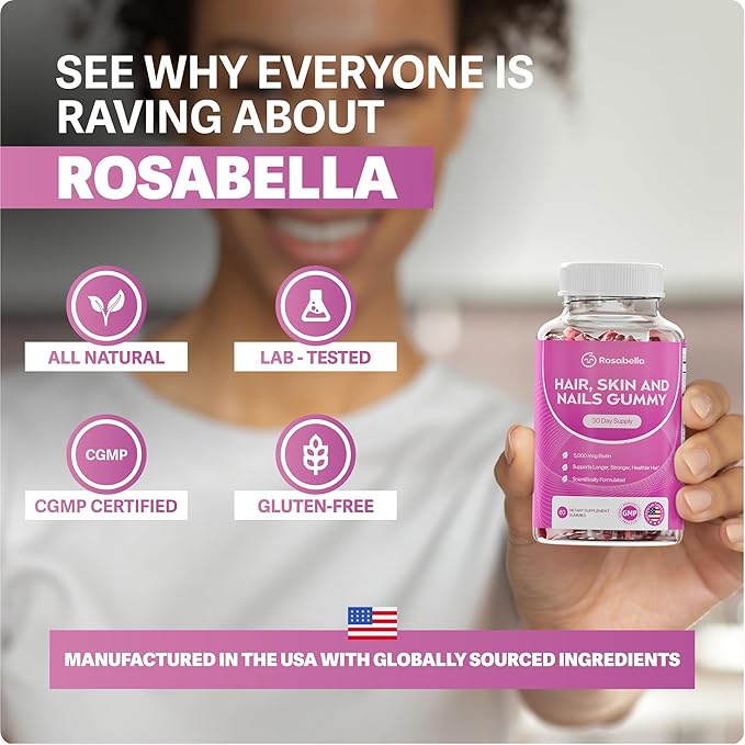Rosabella® Hair Growth Vitamin Gummies [60 Gummies] Biotin for Faster Hair Growth Women & Men - Nail, Skin (5.000mcg Biotin) (60 Count (Pack of 2))