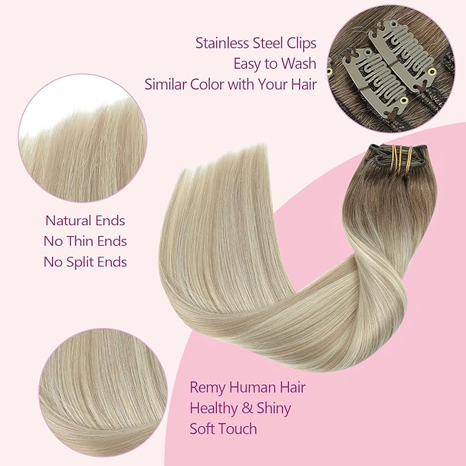 PINKPEARL Clip in Hair Extensions Real Human Hair, 14 Inch 120g 7pcs Human Hair Extensions Clip In, #8/60/18 Balayage Ash Brown to Platinum Blonde and Ash Blonde(#8/60/18-14)