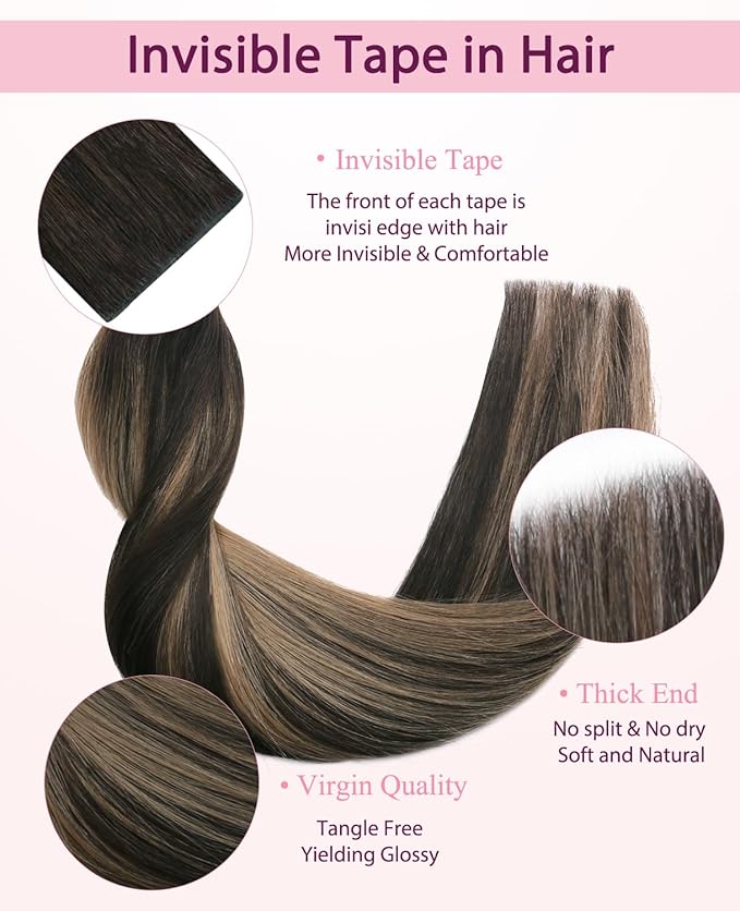 Pinkpearl Invisible Tape in Hair Extensions Human Hair, 20pcs 20inch 55g #2/6/2 Balayage Dark Brown to Chestnut Brown Injection Tape in Extensions Real Remy Human Hair Injected