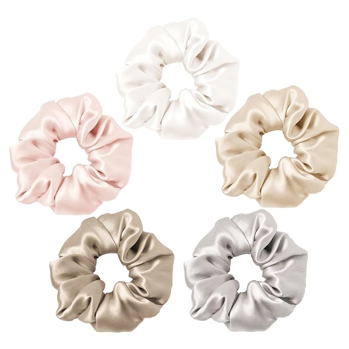 LILYSILK Silk Hair Scrunchies Ties for Frizz & Breakage Prevention 100% Mulberry Elastic Ponytail Holder 5PC (ivory+light coffee+pale pink+coffee+gravel gold)