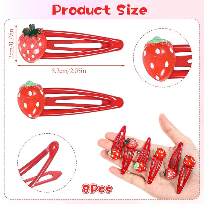 8PCS Strawberry Hair Clips, Metal Snap Hair Clips for Women Girls, Cute Hairs Barrettes Cute Strawberry Hairs Accessories for Girls Toddlers Kids and Teens Gifts Red